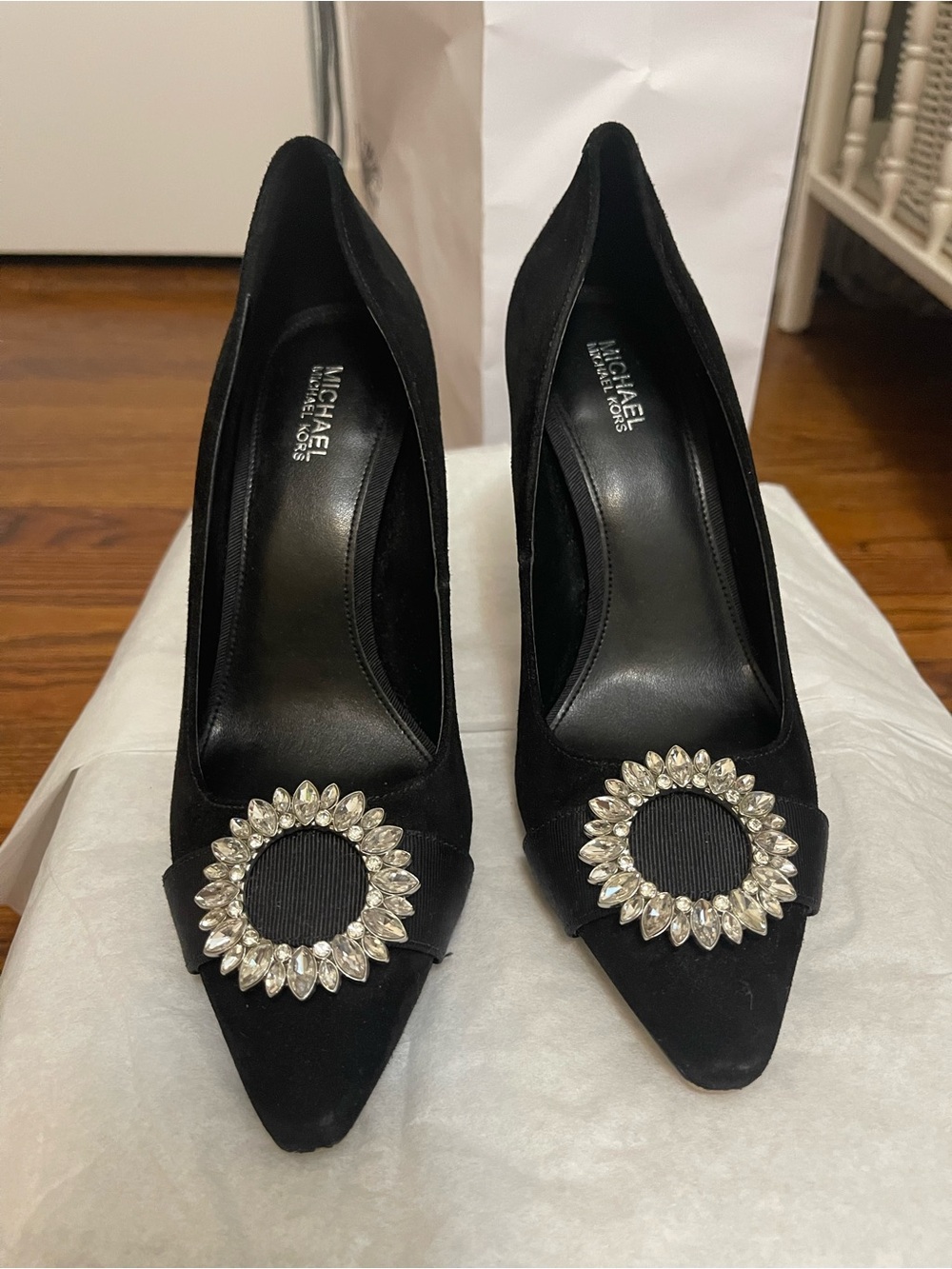 Michael Kors Black Suede Pointed-Toe Pumps with Crystal Rosette
